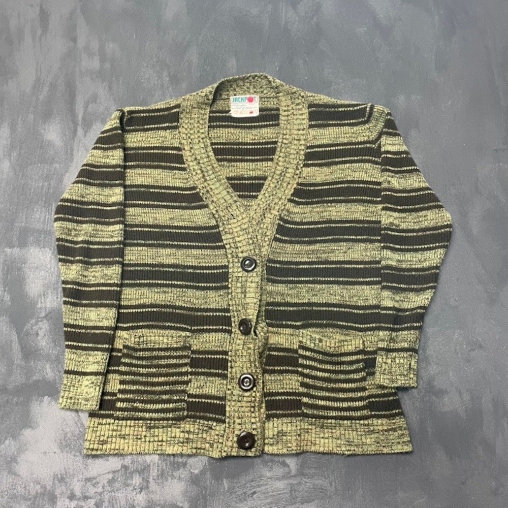 Vintage Jackpot Cardigan Sweater women XL Green Brown 1980s Excellent Striped